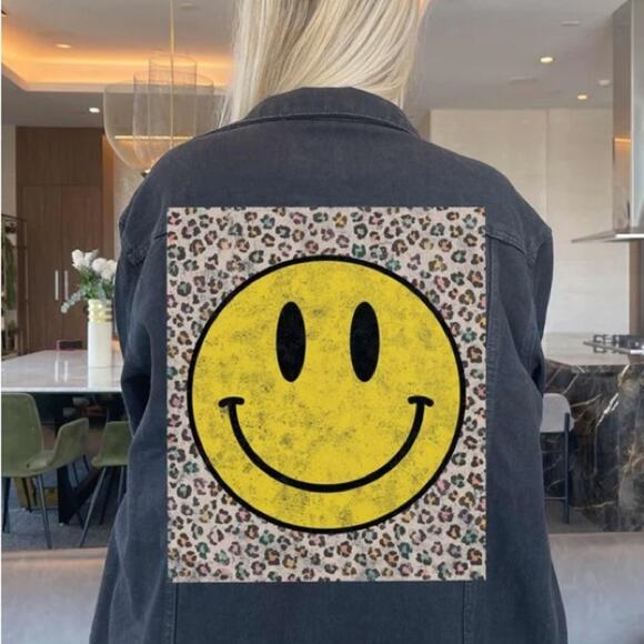 Women's Black Denim Jacket with Smiley Face - Picture 4 of 8